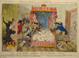 Republican cleric Dr. Richard Price spying on Marie Antoinette at Versailles as she is assailed by ruffians. Isaac Cruikshank, c.1790. Courtesy Library of Congress.